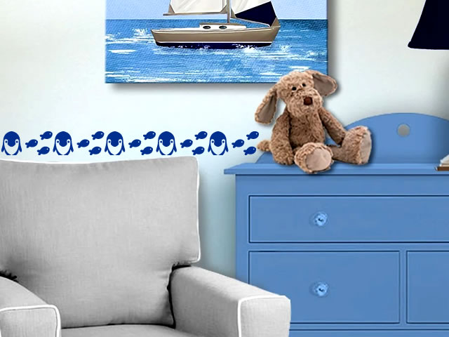 Cenefa peces y pingüinos color azul | Cenefas para pared | Cenefa adhesiva infantil